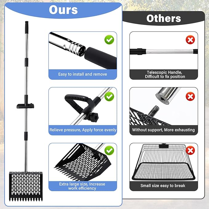 2-in-1 Chicken Poop Scooper & Rake, 10 Inch Coop Sand Sifting Shovel with 37" to 65" Adjustable Stainless Steel Handle, Litter Cleaning Tools with Gloves for Chicken Coop Farm Animals (Black)