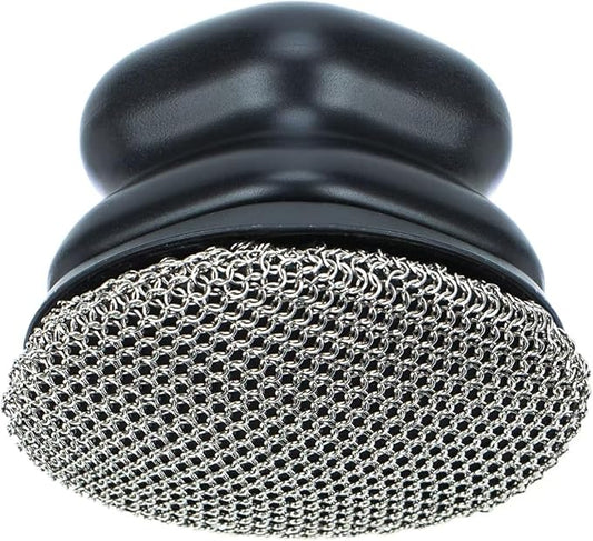 Cast Iron Scrubber,Ergonomic Grip Soldered 3mm Fine Chainmail Scrub Brush +2 Pan Grill Scrapers, Small Ring Chain Link Pan Pot Scrub Metal Brush to Clean Iron Skillet Steel Wool Scrubber
