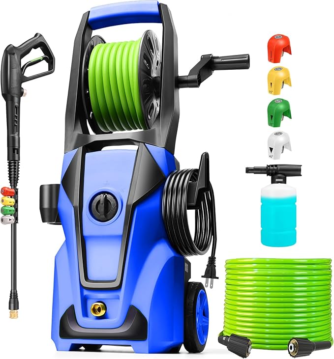 Pressure Cleaner 3000PSI Adjustable Pressure, Power Cleaners Powered with 33ft Pressure Hose, 4 Nozzles and 500ml Foam Cannon, Cleaner Machine for Home, Car, Blue1