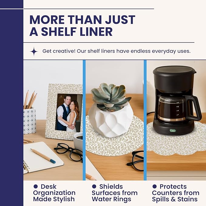 Self Adhesive Shelf Liner (2-Pack, 23.75in x 6ft) — Absorbent Felt Cabinet Liner for Shelves & Kitchen Drawers, Soft Glide Surface with Adjustable, Residue-Free Adhesive (Sandstone Petals)