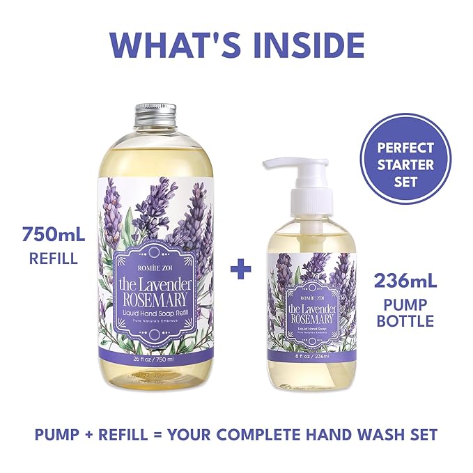 ROMIIE ZOI Liquid Hand Soap Gift Set, 750ml Refill+236ml Liquid Soap, Cruelty-Free, Moisturizing Formula with Essential Oils, For Sensitive Skin, Lavender Rosemary Scent, For Kitchen & Bathroom