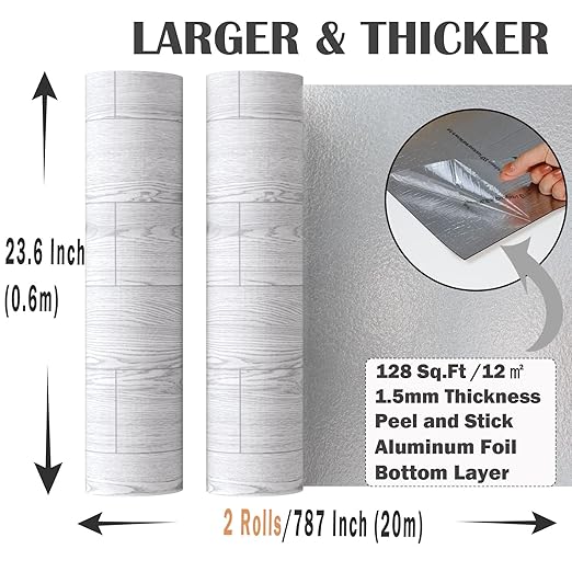 Oxdigi Peel and Stick Vinyl Flooring 2 Rolls 23"x 393"/128 Sq.Ft, Self Adhesive Vinyl Floor Tiles Wood Plank Flooring Waterproof Wear-Resistant for Any Room, Easy DIY Floor Coverings, White-Washed