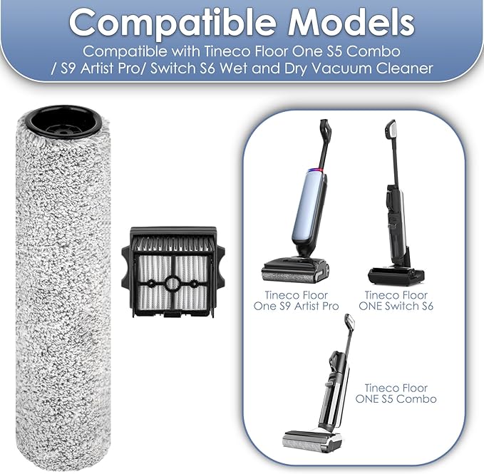 (5 Pack) Floor One S9 Artist Pro Brush Rollers and HEPA Filters Compatible with Tineco Floor One S9 Artist Pro Wet Dry Vacuum Cleaner (Excluding Handle), 2 Brush Rollers, 3 HEPA Filters
