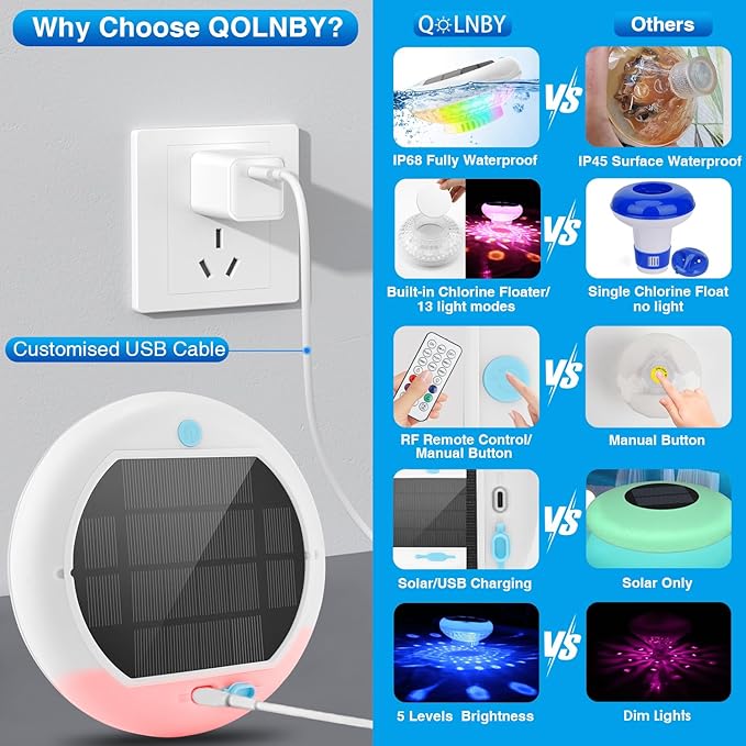 Pool Chlorine Floater Solar Floating Pool Lights with USB Charging 3 in1, IP68 Waterproof 2600mAh 13 Color Modes Pool Lights, Adjustable Pool Chlorine Dispenser for 1" & 3" for Pool 1 Pack