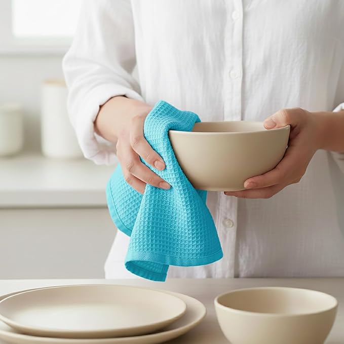 PurpleEssences Waffle Weave Kitchen Towel, 100% Cotton, 15x25 Inches, with Hanging Loop Ultra Soft Absorbent Quick Drying Dish Cloth, Tea and Hand Towels, 4 Pack - Christmas Holiday Winter - Aqua Blue