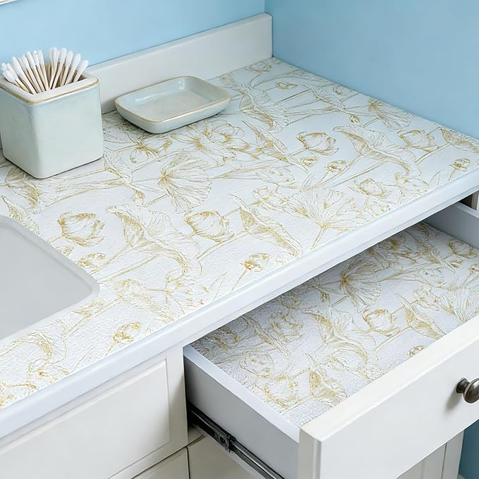 Shelf Liners Non Adhesive Light Base Gold Lotus Pattern - Thickened Non-Slip Easy to Clean Drawer Liner for Kitchen Cabinets, Tool Box, Refrigerator, with Knife & Tape Measure, 17in x 30FT