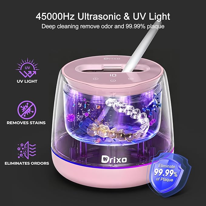Drixo Ultrasonic Retainer Cleaner Machine, IPX6 Waterproof Dental Cleaning Pod, 3 Modes Denture Cleaner for Night Guard Mouth Guard Braces, 45kHz Denture Dome with UV Light, 200ML Tank, Pink