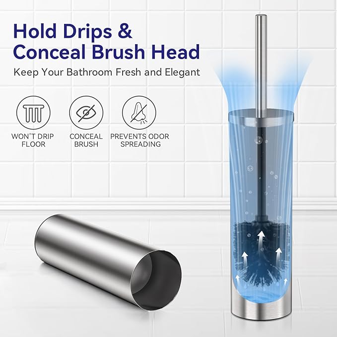 DOWRY Stainless Steel Freestanding Toilet Bowl Brush and Holder with Long Handle for Bathroom Storage Organization,Sturdy Deep Cleaning Toilet Bowl Cleaner Brush,Nickel Brushed SS304-3