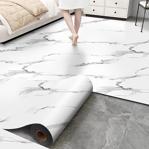 Luxury Thicken Matte Grey White Marble Peel and Stick Floor Tiles Self-Adhesive Vinyl Flooring Roll-DIY Easy for Wall and Floor,Hard Surface/Waterproof/Anti Slip (Not Real Marble, 17.72 "W x 393.7" L)