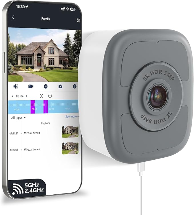 5MP 3K Window Security Camera with 24/7 Recording, No Subscription Required, Indoor Camera with Color Night Vision, Motion Detection, 2.4G＆5G WiFi, Quick & Easy Installation (1Pack)