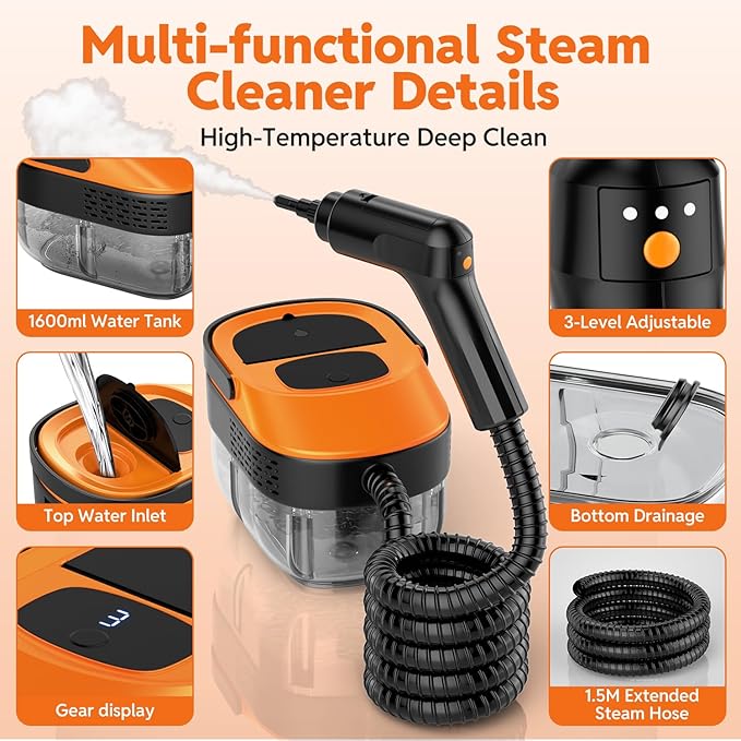 Steam Cleaner for Home & Car-2500W Portable Handheld Steamer for Cleaning with 3-Level Handle, 15s Heat-Up, Large Tank, 16 Accessories - Clean Grease, Grout, Tile, Floor, Couch, Dirt, Furniture