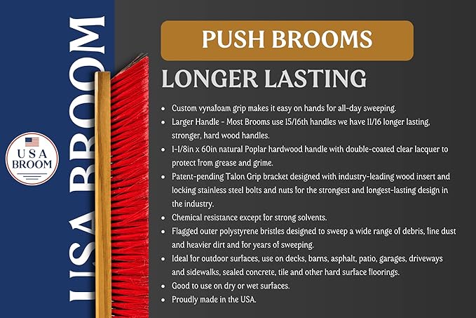 1-Pack - 36" Everyday Sweep Indoor/Outdoor Push Broom with 60" Handle. Ideal for Garages & Shops. Durable American Made Steel Brackets-All Stainless Steel Hardware. No Plastic. 100% USA Made
