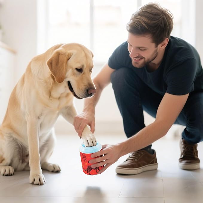 Dog Paw Cleaner Cups for Dogs Pet Foot Washer Paw Scrubber for Medium Small Large Dogs Cats Cleaning Cup Red Cougar Paw Prints Leaves Nuts