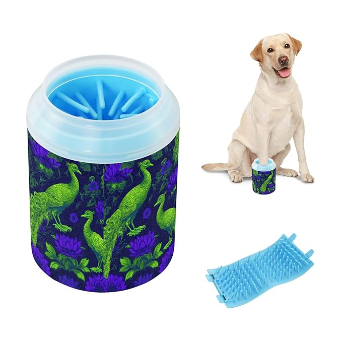 Dog Paw Cleaner Cups for Dogs Pet Foot Washer Paw Scrubber for Small Medium Large Dogs Cats Cleaning Cup Green Peacocks Purple Flowers