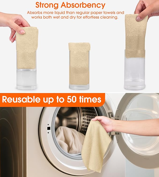 Microfiber Cleaning Cloth Roll - 100 Pack Tear Away Microfiber Paper Towels, Reusable, Washable, Scratch-Free, Kitchen Towels for Car, Home, Kitchen, Glass, Dishes (Wheat Beige)