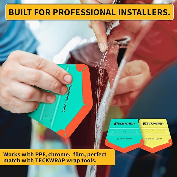 TECKWRAP Felt Squeegee for Vinyl Wrap,Dual-Corner Design, Twin Ribs for Grip, 2 Hardness Levels (Soft/Medium), V-Shape for PPF, Chrome & Tint, Yellow 40A / Blue 50A
