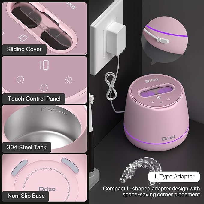 Drixo Ultrasonic Retainer Cleaner Machine, IPX6 Waterproof Dental Cleaning Pod, 3 Modes Denture Cleaner for Night Guard Mouth Guard Braces, 45kHz Denture Dome with UV Light, 200ML Tank, Pink