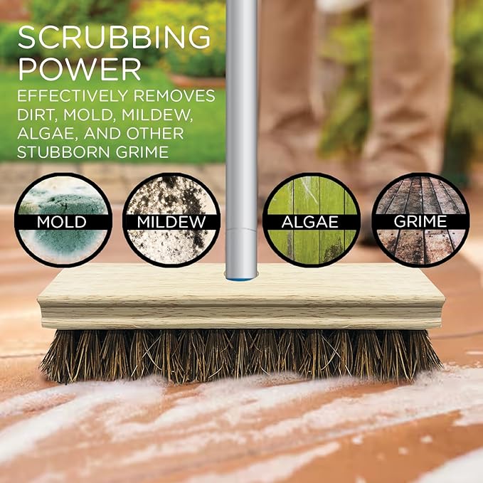 LOLA Deck Scrub Brush, 9" x 3.5" Head w/Palmyra Bristles for Outdoor Cleaning, Removes Dirt & Grime from Patios, Decks, Grout, 1 Pack