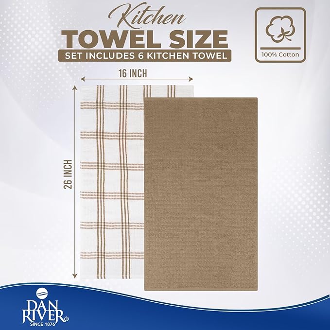 DAN RIVER Premium Kitchen Towels - [Pack of 6] 100% Cotton (16x 26 Inches) -Super Soft,Highly Absorbent, Quick Dry, Dish Towels for Kitchen Towels -Tan