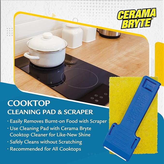 Cerama Bryte 3 x Scraper & 3 x Pad Kit Cooktop and Stove Top Cleaner for Glass - Ceramic Surfaces, 6 Piece Set