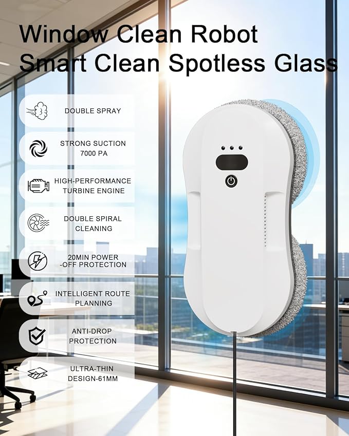 Window Cleaning Robot, Automatic Window Cleaner Robot with Dual Spray-50ml Tank, Edge Detection, Intelligent Path Planning, 3000pa Strong Suction, Anti-Drop Protection