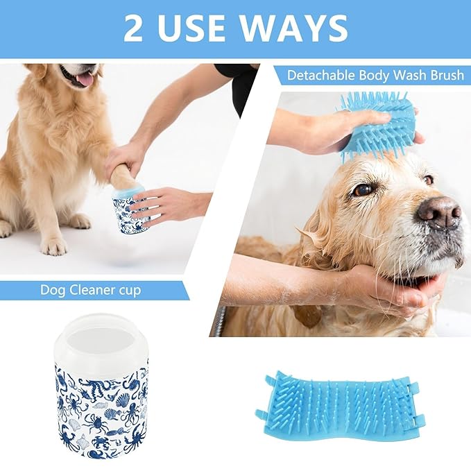 Dog Paw Cleaner Cups for Dogs Pets Foot Washer Paw Scrubber for Medium Small Cats Dogs Cleaning Cup Octopuses Crabs and Seashells Blue