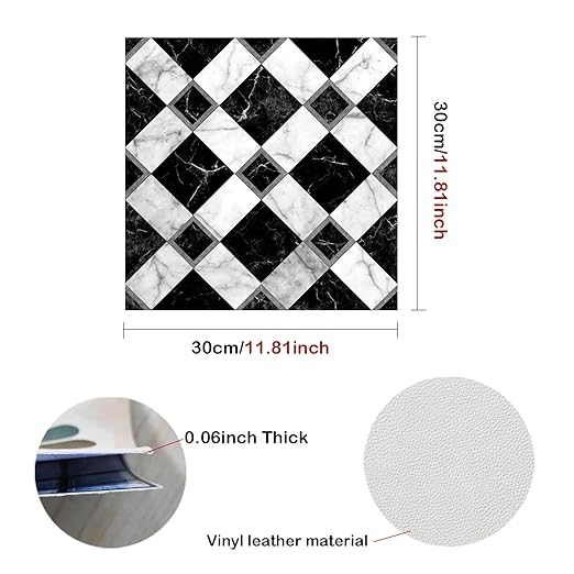 Nuxovilar Peel and Stick Vinyl Floor Tiles, 11.8"x11.8" Black & White Marble Diamond Pattern, 10-Pack Self-Adhesive Flooring