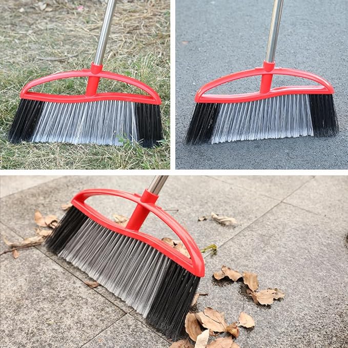 Heavy Duty Outdooor Broom - 15.7" Wide Broom with Wide Angle Design, Long Handle & Powerful Stiff Bristles for Patio, Garden, Garage, Yard (Red)