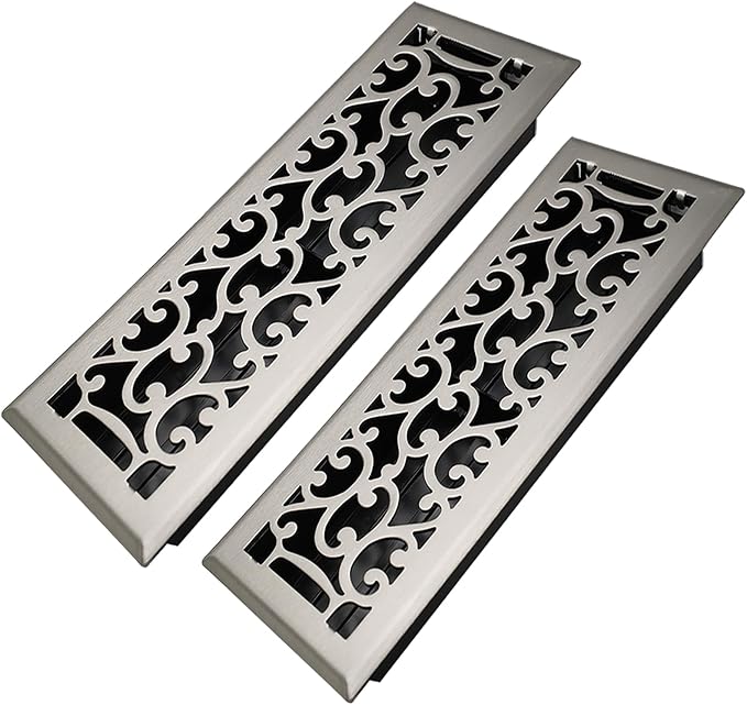 4x14 Inches 2 Pack Heavy Duty Walkable Floor Register - Easy Adjust Air Supply Lever Decorative Floor Vent Covers, Savannah Design Vent Covers for Home - Satin Nickel