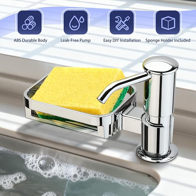 Kitchen Sink Soap Dispenser with 40" Extension Tube, Built-in Countertop Dish Soap Pump with Sponge Holder, ABS Smooth Pump Head, Under-Sink Bottle Connection Kit for Less Refills