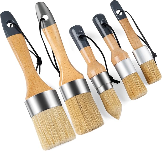 Mister Rui Chalk Wax Paint Brush, 5pcs, Wax Brushes for Waxing and Stenciling, Natural Bristles Round Paint Brushes, Ideal for DIY Home Decor, Art Crafts