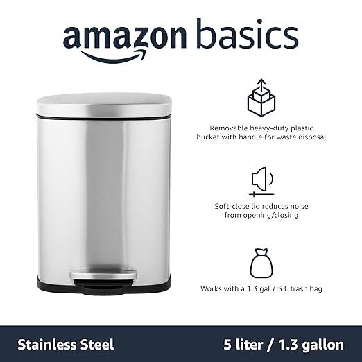 Amazon Basics Smudge Resistant Mini Rectangular Trash Can With Soft-Close Foot Pedal, Brushed Stainless Steel, for Bathroom & small space, 5L/1.32 Gal, 7.3x8.5x11.8 in, Satin Nickel Finish