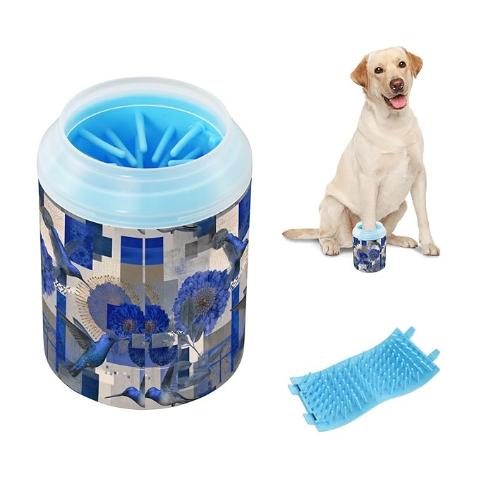 Dog Paw Cleaner Cups for Dogs Pets Foot Washer Paw Scrubber for Medium Small Cats Dogs Cute Cleaning Cup Blue Hummingbirds Flowers Squares Leaves