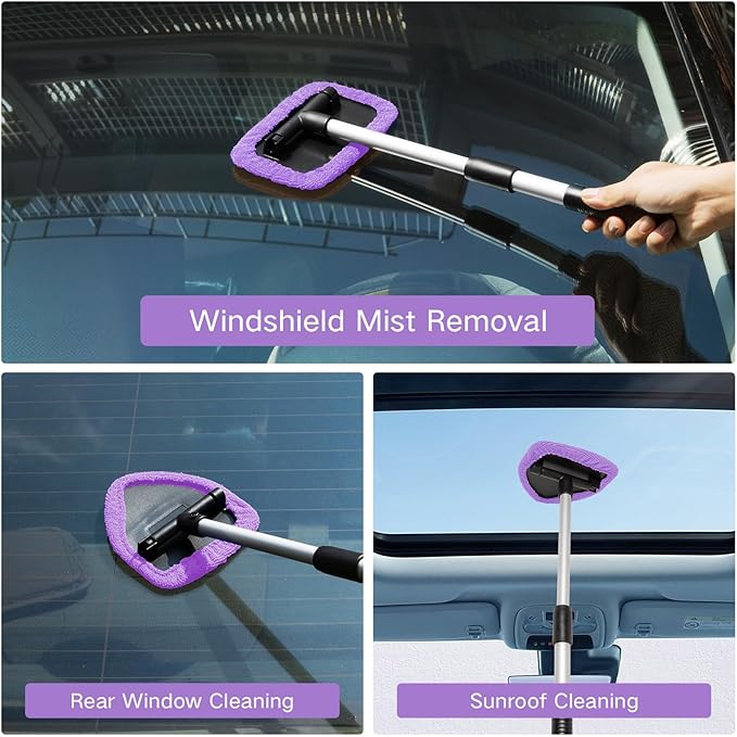 10pcs Windshield Cleaning Tool Inside Car Window Cleaner Wash Kit with 4 Reusable Microfiber Pads 1 Spray Bottle and Extendable Handle Interior Auto Glass Wiper Kit, Purple