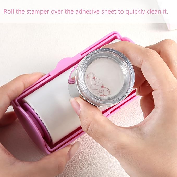 Nail Stamper Sticky Cleaner Roll with Case, Adhesive Paper Stickers for Stamping Gel Polish Removal, Lint Roll Cleaning Sheets, Nail Stamper Accessories Manicure Salon Supplies (Pink)