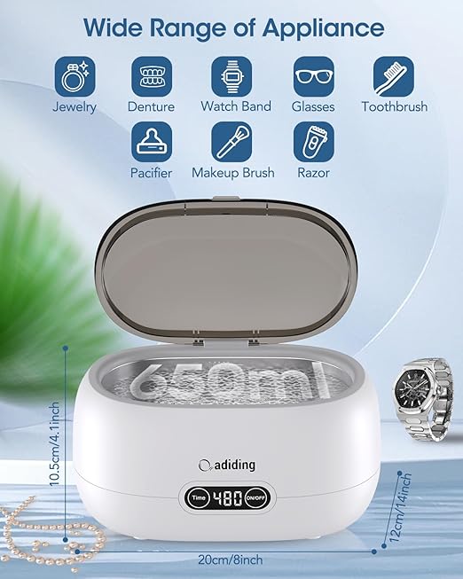 Adiding Jewelry Cleaning Machine, 650mL (23oz) Ring Sonic Cleaner Machine for Glasses, Earring, Denture, Retainer, Watch Straps, Razor -5 Cleaning Modes, Digital Timer, SUS304 Stainless Steel