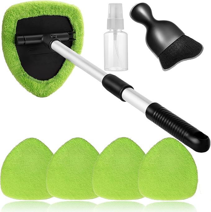 7pcs Windshield Cleaner Tool Car Window Cleaning Wash Kit with 4 Reusable Microfiber Pads 1 Spray Bottle and Extendable Handle Auto Glass Wiper Kit, Green