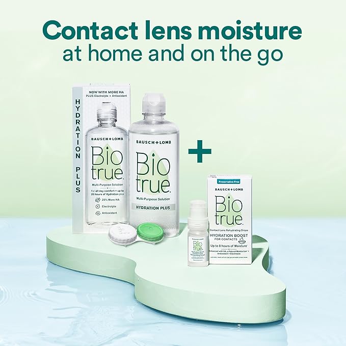 Biotrue Hydration Plus Contact Lens Solution with Lens Case, Multi-Purpose Solution for Soft Lenses, Hydrates with Hyaluronan, Cleans, Clears, and Disinfects for All-Day Comfort, 10 Fl Oz (Pack of 1)