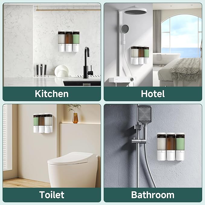 Shampoo and Conditioner Dispenser 3 Chamber No Drill Shower Soap Dispenser Wall Mounted Shampoo Conditioner Body Wash Refillable Bathroom Shower Dispenser (White+Smoke Gray 3 Chamber)