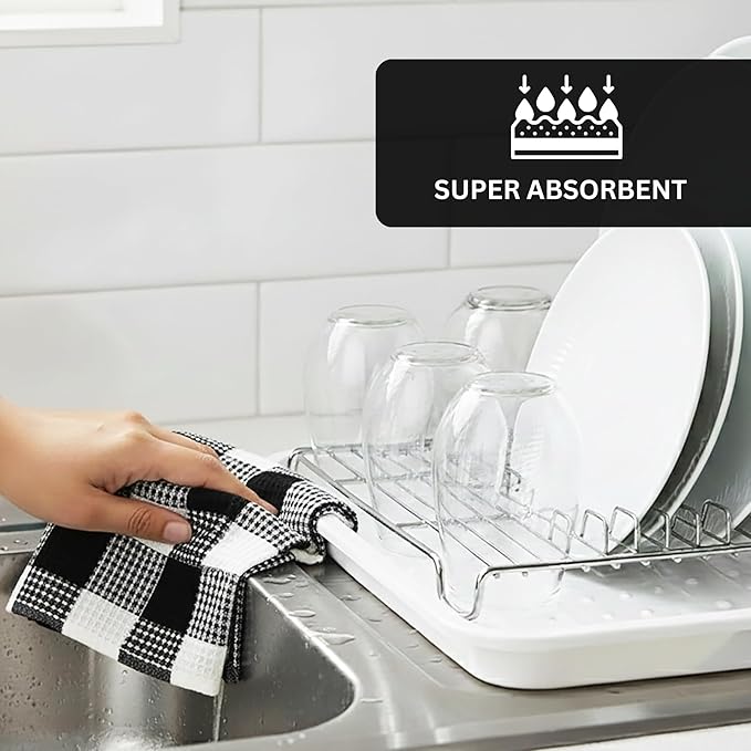 PurpleEssences 100% Cotton Waffle Weave Check Plaid Kitchen Towels, Super Soft and Absorbent Dish Towels for Drying Dishes 15 x 25-4 Pack - Christmas Holiday Winter - Black and White