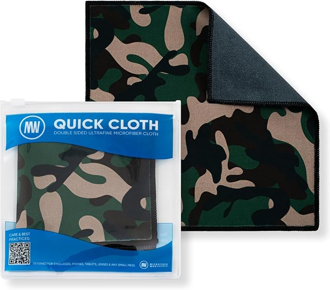 Quick Cloth Microfiber Glasses Cleaning Cloths – 8x8, Camo, 1 Pack with Case | Double-Sided Lens Cleaner for Eyeglasses, Camera, Screens & Glass | Reusable Microfiber Glass Polishing Cloths