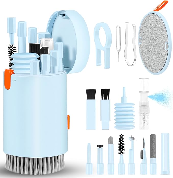 walrfid Laptop Phone Screen Cleaner Kit, Computer Keyboard Brush Cleaning Spray for iPhone AirPods MacBook iPad, 20-in-1 Electronic Device Clean Tool for Camera Earbud Car Screens (Blue)