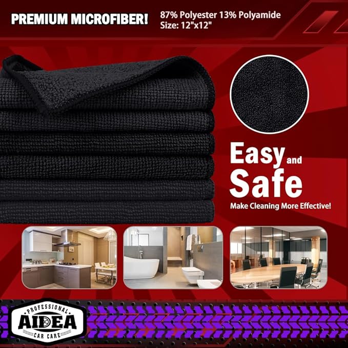 AIDEA Microfiber Cleaning Cloth Black 5PK, Microfiber Towels for Cars, Premium Car Cloths, Dusting Cloth Lint Free Cleaning Rags for SUVs, House, Kitchen, Window, Workshops,12×12"