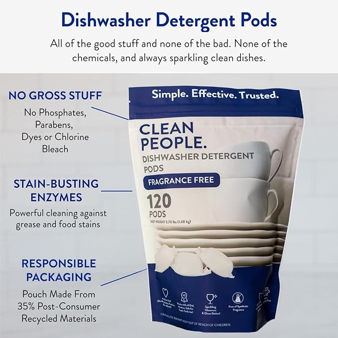 The Clean People Dishwasher Pods - Cuts Grease & Rinses Sparkling Clean - Residue-Free - Phosphate Free Dishwashing Pods (60 Count, Fragrance Free) (Pack of 2)