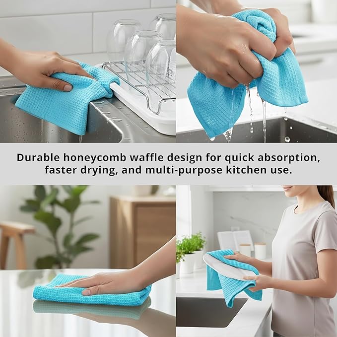 PurpleEssences Waffle Weave Kitchen Towel, 100% Cotton, 15x25 Inches, with Hanging Loop Ultra Soft Absorbent Quick Drying Dish Cloth, Tea and Hand Towels, 4 Pack - Christmas Holiday Winter - Aqua Blue