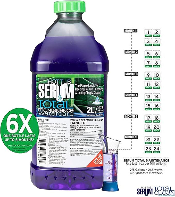 Hot Tub Serum, A Weekly Maintenance Hot Tub Cleaner/Clarifier/Conditioner/Softener All-in-One 2 Liter (24 Weekly doses), Inflatable Hot Tub Chemicals for Complete Hot Tub Treatment