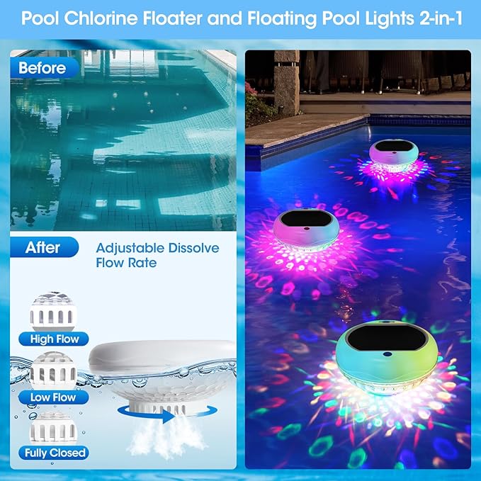 Pool Chlorine Floater, Solar Floating Pool Lights with USB Charging, 2600mAh 6.7 Inch IP68 Waterproof 13 Colors Upper Lower Glow Floating Lights, Adjustable Chlorine Dispenser for 1" & 3" 4 Pack