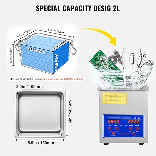 VEVOR 2L Digital Ultrasonic Parts Cleaner with Timer 40kHz Professional 304 Stainless Steel Ultrasonic Cleaner 110V for Jewelry Watch Glasses Diamond Eyeglass Small Parts Cleaning