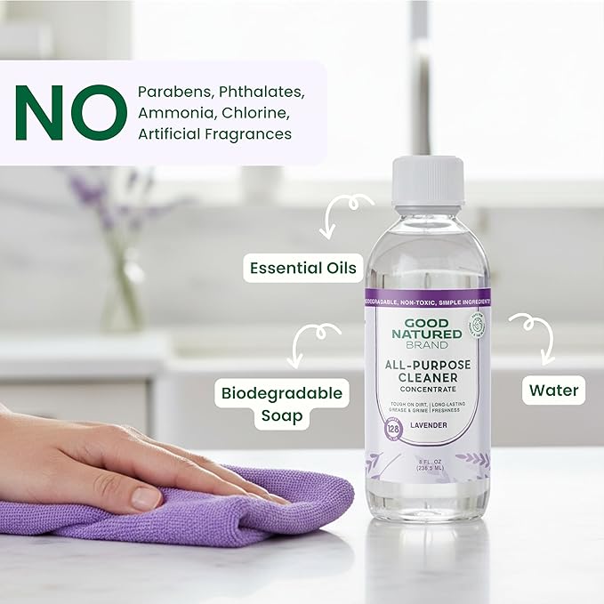 Good Natured Brand All-Purpose Cleaner Concentrate | Multi-Surface Cleaner | Natural Lavender Essential Oil | Multipurpose Cleaner Concentrate All Surfaces | Lavender | 8oz makes 128oz