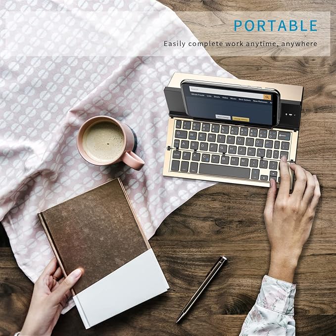 Geyes Folding Bluetooth Keyboard, Wireless Foldable Keyboard with Portable Pocket Size, Aluminum Alloy Housing, Carrying Pouch, for iPad, iPhone, and More Tablets, and Smartphones(Gold)